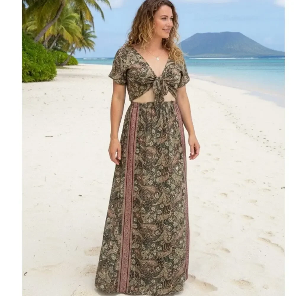 NWOT Earthbound Trading Floral and Paisley Print Tie-Front Dress